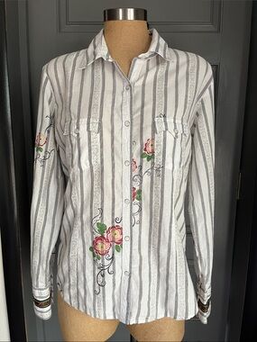 Striped Pearl Snap Western Shirt with Floral Design and Horse Embroidery